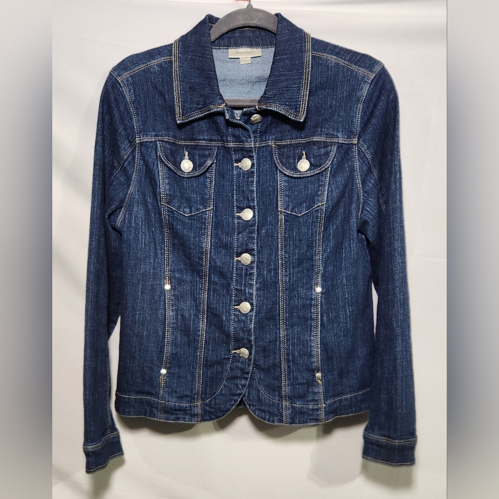 Dressbarn Blue Jean Jacket with Fitted Silhouette and Point Collar-Size M